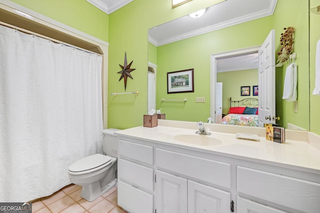 full bath featuring toilet, ornamental molding, vanity, ensuite bath, and tile patterned flooring