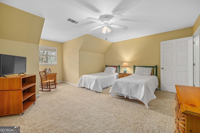 bedroom featuring lofted ceiling, light colored carpet, visible vents, a ceiling fan, and baseboards