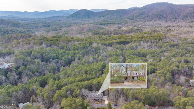 aerial view with a mountain view and a wooded view