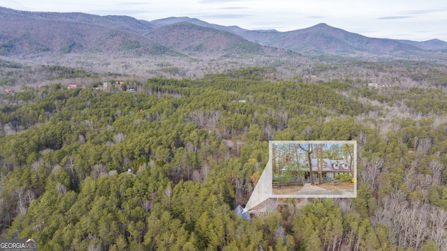 aerial view featuring a forest view and a mountain view