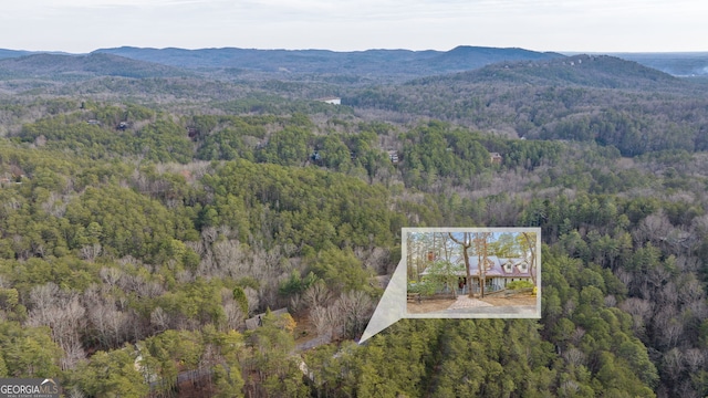 aerial view with a mountain view and a view of trees