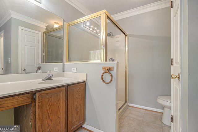 full bathroom featuring toilet, ornamental molding, a shower stall, vanity, and tile patterned floors