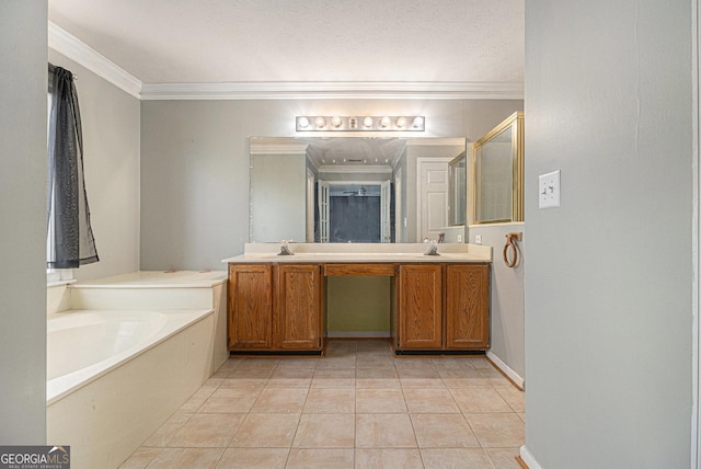 bathroom with a garden tub, crown molding, double vanity, a sink, and tile patterned flooring