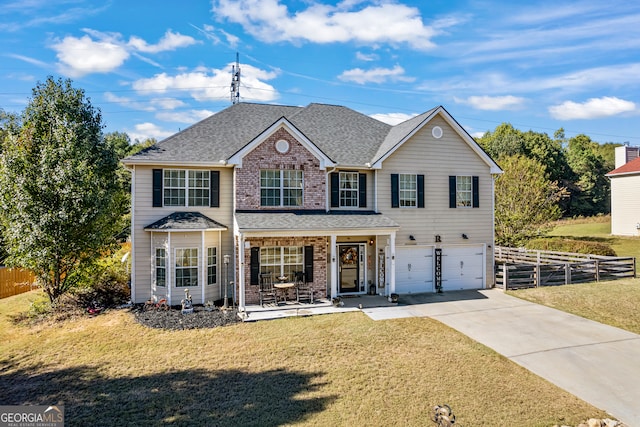 view of front facade with a garage, fence, driveway, roof with shingles, and a front lawn