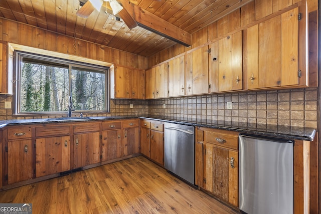 kitchen with a sink, fridge, decorative backsplash, dishwasher, and brown cabinetry