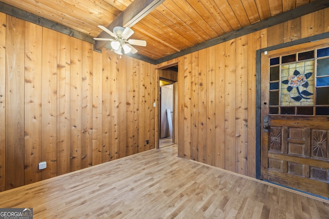 empty room featuring wood ceiling, ceiling fan, wooden walls, and wood finished floors