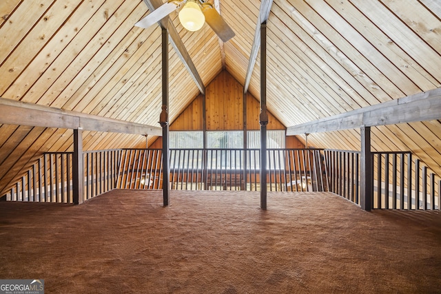 additional living space featuring lofted ceiling, carpet floors, and a ceiling fan