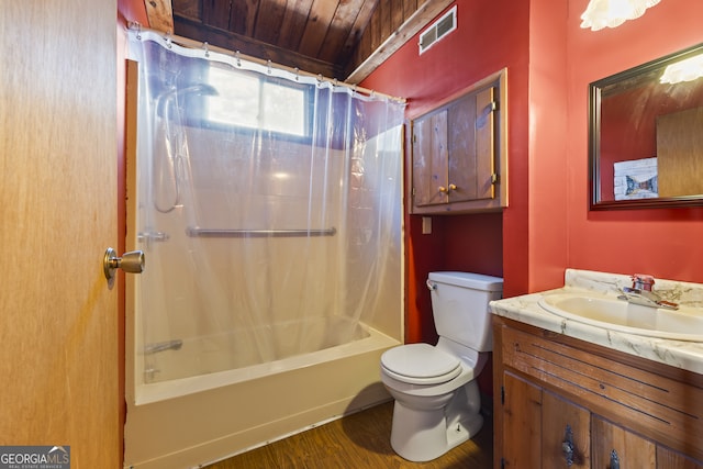 bathroom with shower / tub combo, visible vents, toilet, wood finished floors, and vanity