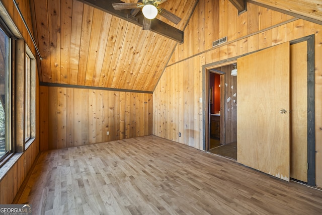 additional living space featuring vaulted ceiling with beams, wooden ceiling, wood walls, wood finished floors, and visible vents