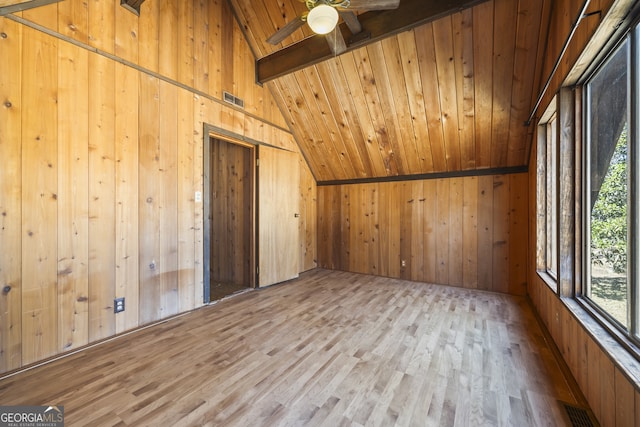 spare room featuring vaulted ceiling with beams, wood walls, wood ceiling, and visible vents