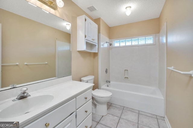 full bathroom with visible vents, toilet, tile patterned floors,  shower combination, and a textured ceiling