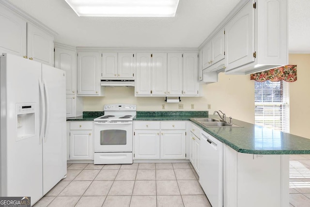 kitchen with white appliances, a sink, white cabinets, and under cabinet range hood