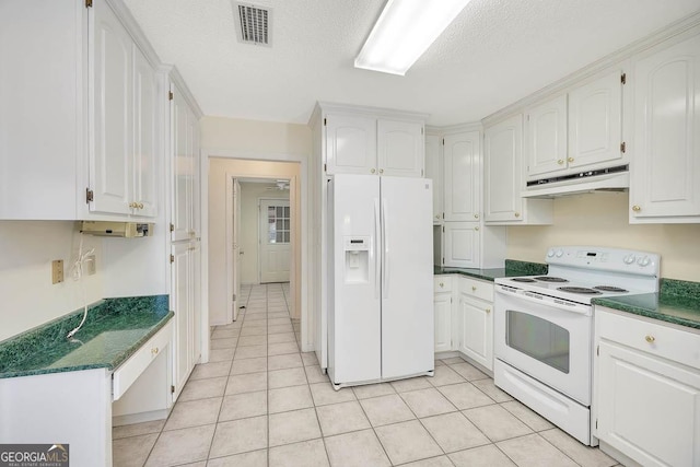 kitchen featuring visible vents, white cabinetry, a textured ceiling, white appliances, and under cabinet range hood