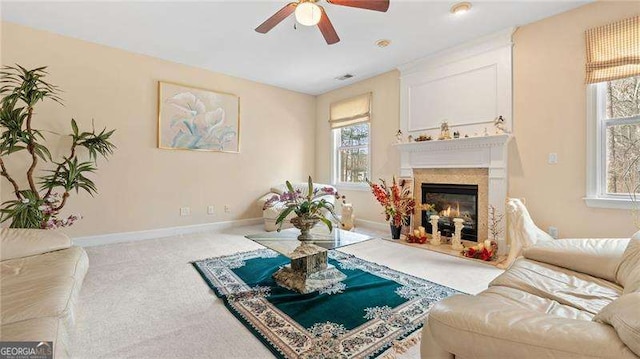 1657 Stilesboro Ridge Dr, Kennesaw, GA 30152 - living room with ceiling fan, carpet flooring, and a glass covered fireplace
