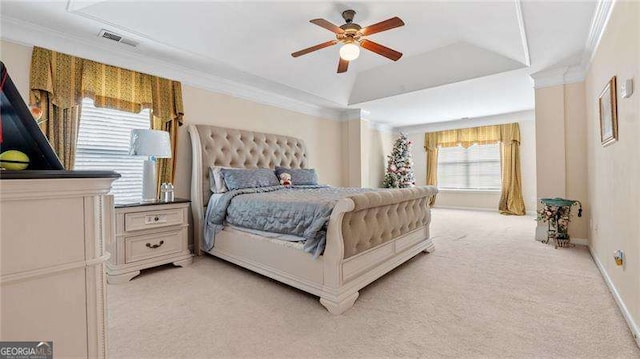 1657 Stilesboro Ridge Dr, Kennesaw, GA 30152 - bedroom with light carpet, a raised ceiling, crown molding, and a ceiling fan