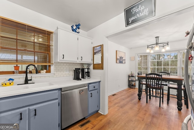 kitchen featuring a sink, white cabinetry, light countertops, stainless steel dishwasher, and backsplash