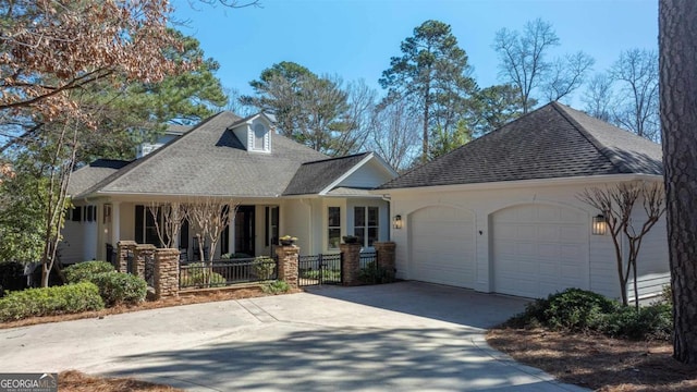 view of front of property featuring an attached garage, driveway, a shingled roof, and fence