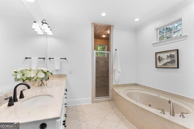 bathroom featuring double vanity, a stall shower, crown molding, and tile patterned floors