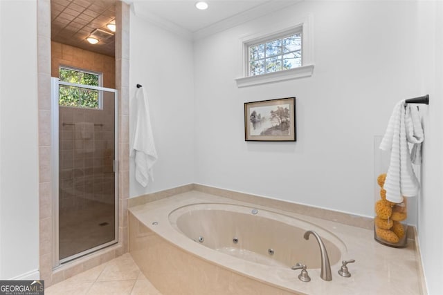 full bathroom with a whirlpool tub, a stall shower, tile patterned flooring, and ornamental molding