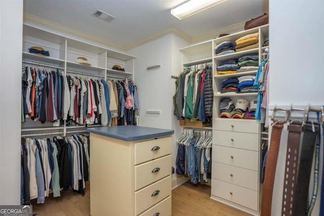 walk in closet featuring light wood-style floors and visible vents