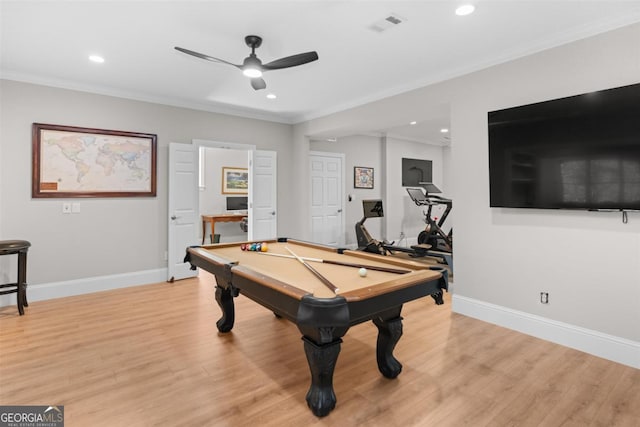 rec room featuring baseboards, billiards, light wood-style flooring, and crown molding