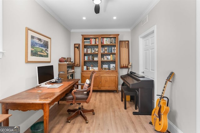 office with light wood finished floors, recessed lighting, visible vents, and ornamental molding