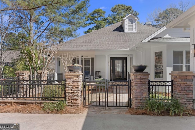 view of front of house with a fenced front yard, a gate, and roof with shingles