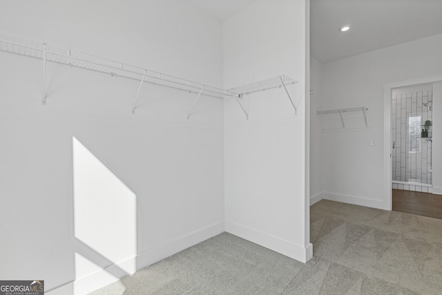 spacious closet with light colored carpet