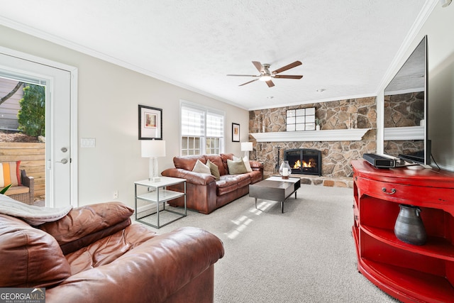 carpeted living area with a ceiling fan, a fireplace, ornamental molding, and a textured ceiling