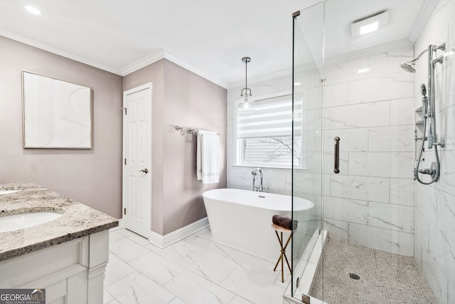 bathroom featuring a stall shower, ornamental molding, marble finish floor, and a freestanding bath