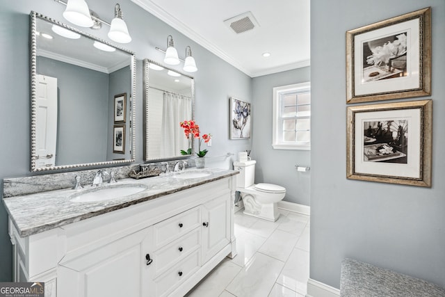 full bathroom featuring toilet, a sink, visible vents, and crown molding