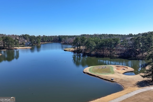 property view of water featuring a forest view