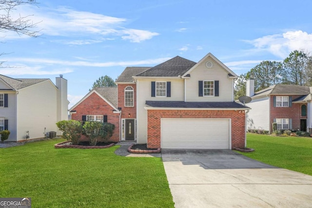 traditional home featuring concrete driveway, a front lawn, cooling unit, and brick siding