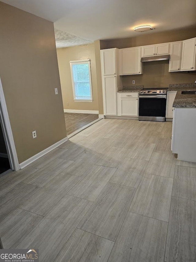 117 Triune Mill Rd, Thomaston, GA 30286 - kitchen with electric range, a sink, under cabinet range hood, white cabinetry, and light wood-style floors