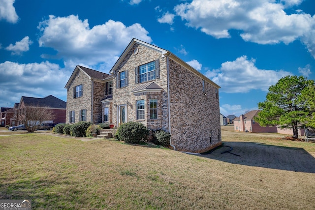 traditional home featuring stone siding and a front lawn