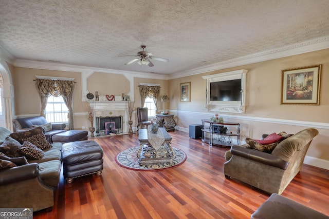 living room with crown molding, a fireplace, a wealth of natural light, and wood finished floors