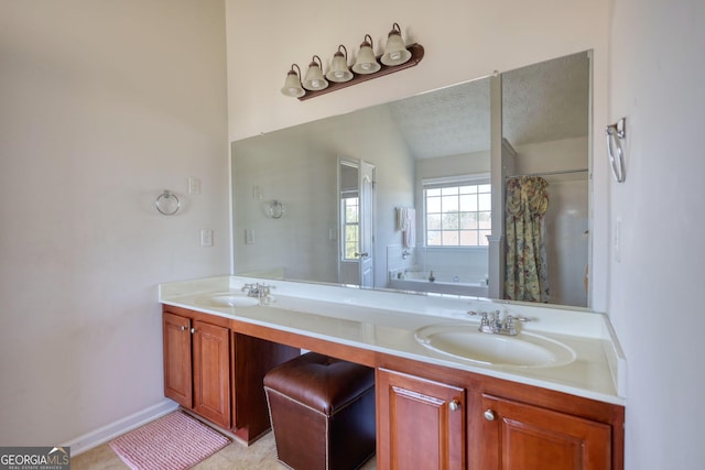 bathroom with double vanity, a sink, a bath, and a shower with curtain