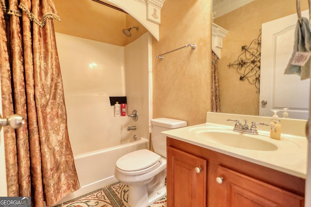 full bath with toilet, shower / bath combination with curtain, and vanity