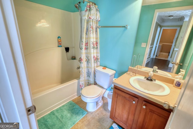 full bathroom featuring toilet, shower / tub combo, vanity, ornamental molding, and tile patterned floors