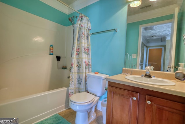 full bathroom featuring shower / tub combo with curtain, visible vents, toilet, ornamental molding, and vanity