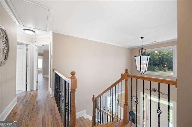 hallway featuring crown molding, attic access, an upstairs landing, wood finished floors, and baseboards