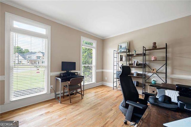 office space featuring light wood-type flooring, crown molding, and baseboards