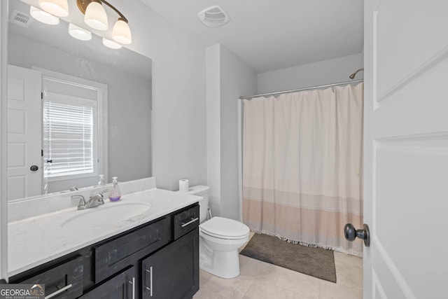 full bath with toilet, tile patterned floors, visible vents, and vanity