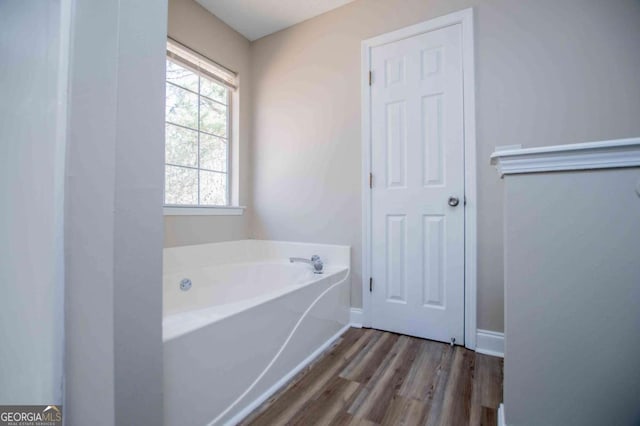 bathroom featuring baseboards, a bath, and wood finished floors