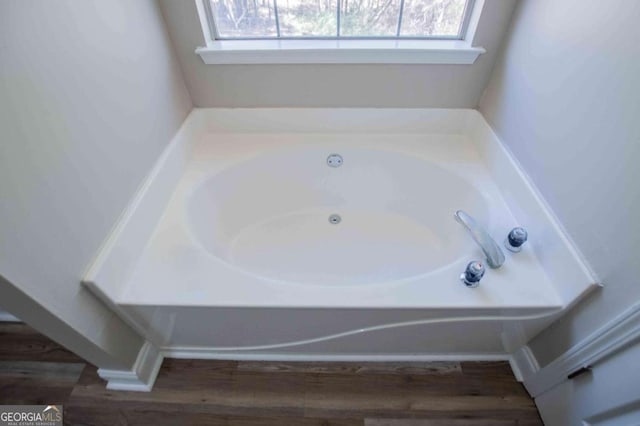 bathroom featuring wood finished floors and a bath