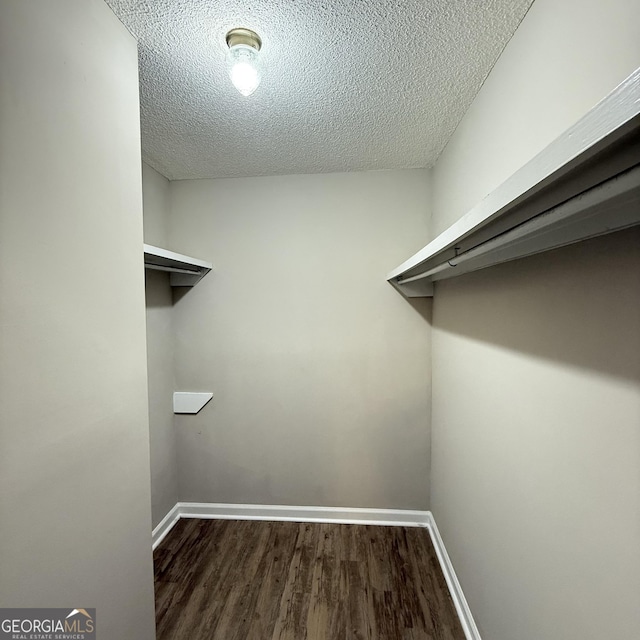 walk in closet with dark wood-style floors