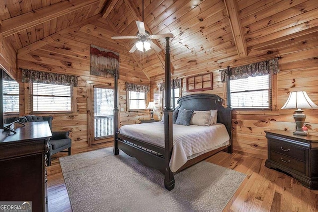 bedroom featuring light wood-type flooring, wood walls, and wooden ceiling