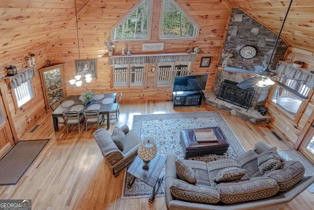 living room featuring light wood-style floors, wood ceiling, and wood walls