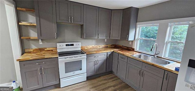 kitchen with dark wood-style floors, open shelves, butcher block counters, electric range, and a sink