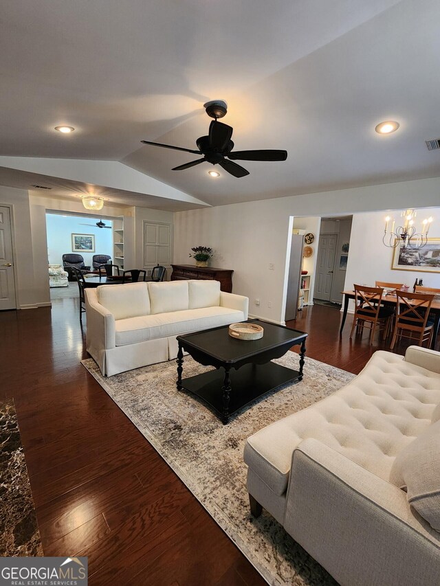 185 Starlight Dr, Sautee Nacoochee, GA 30571 - living room featuring visible vents, recessed lighting, wood finished floors, ceiling fan with notable chandelier, and lofted ceiling